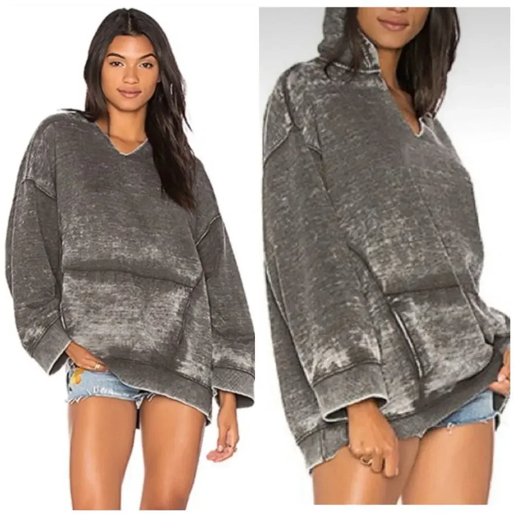 Free People Get It Distressed Oversized Burnout Hoodie Sweater Size XS Gray
